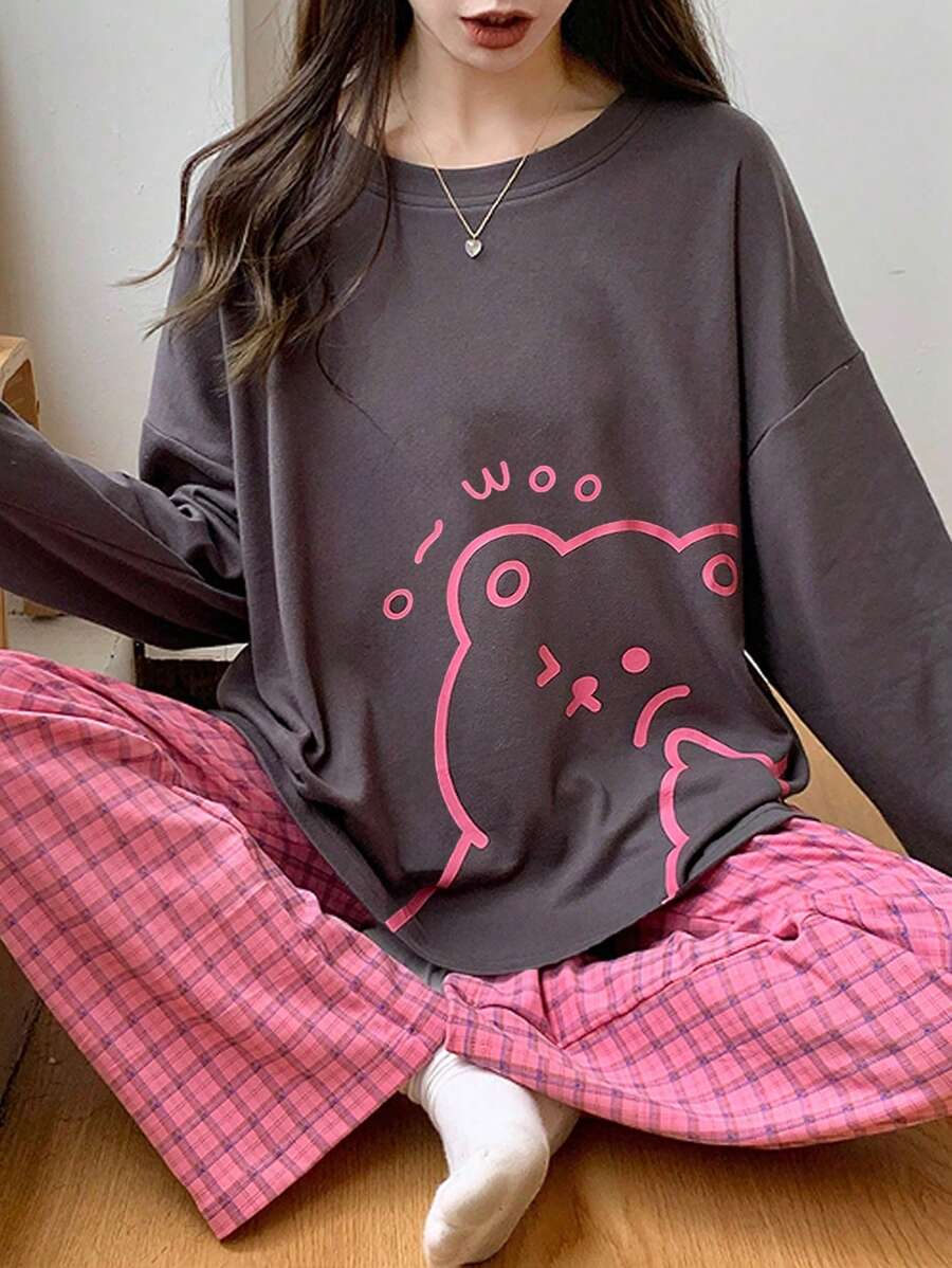 Set de 2 piezas de pijama de manga larga, de corte holgado, para primavera/otoño, de estilo Ins, para usar en casa y vacaciones