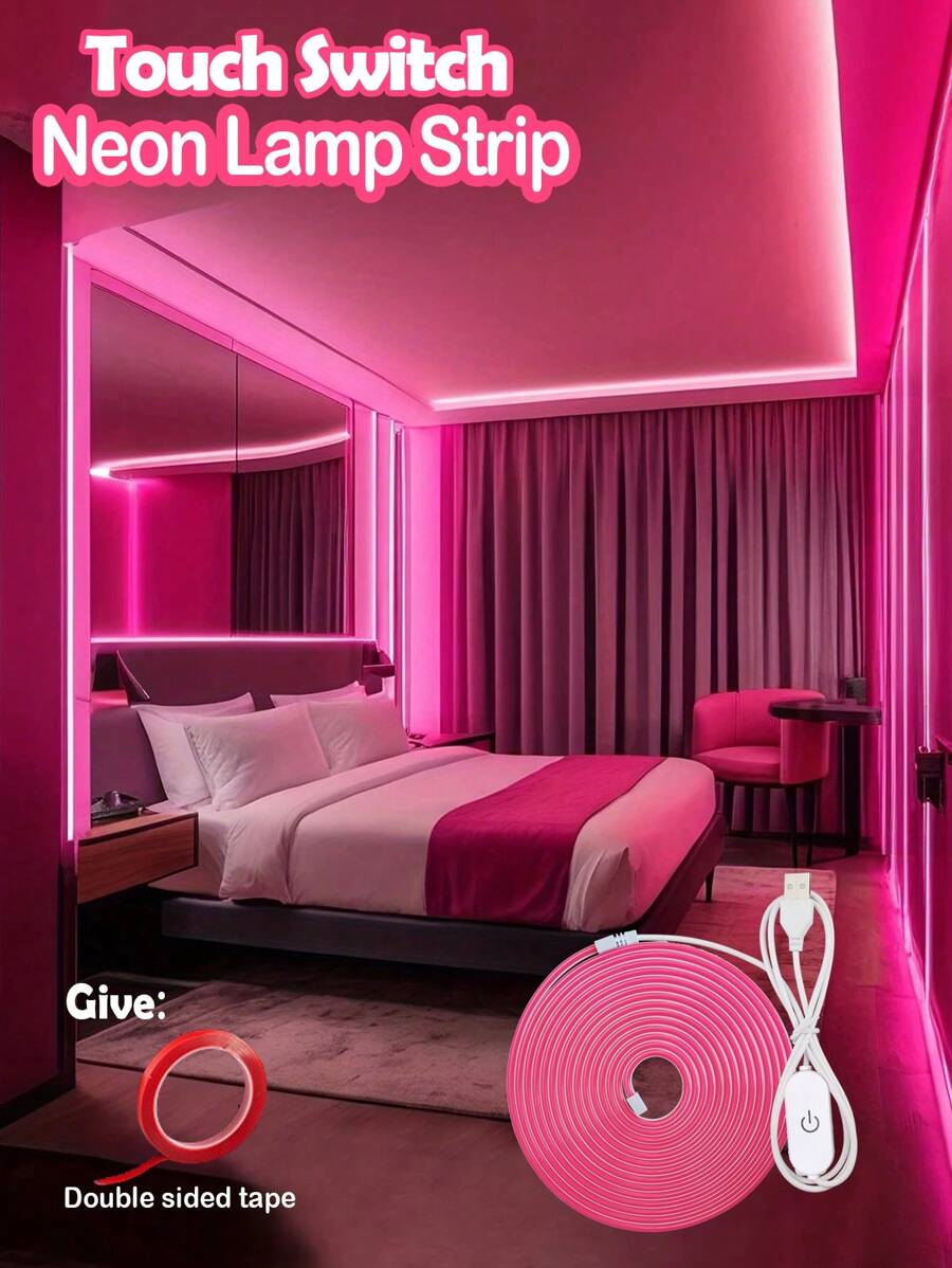 1 pezzo Striscia luminosa a LED al neon da 5V con interfaccia USB e interruttore touch, regolabile, flessibile, adatto per decorare camera da letto, soggiorno, casa, bar, interno ed esterno, include nastro biadesivo