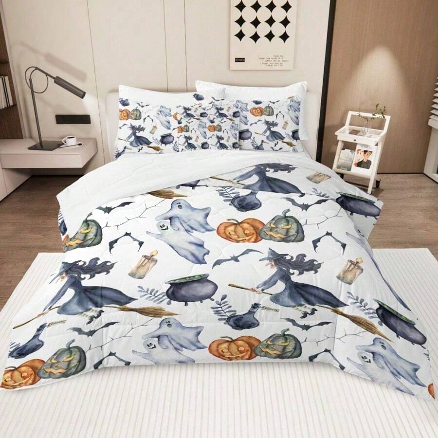 8 Pieces Halloween Comforter Set, Witch Pattern Bed In A Bag Bedding With Comforter Sheet Sham - 1 Comforter, 2 Pillow Shams, 1 Flat Sheet, 1 Fitted Sheet, 1 Cushion Cover, 2 Pillowcases Queen Size