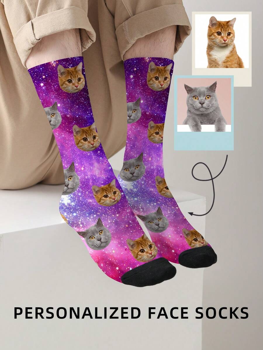 1 Pair Customized Face Women's Mid-Calf Socks, 'Put Any Face On Socks', Photo Printed Sky Cat Personalized Socks, Funny Custom Picture Couple Long Socks, Suitable For Valentine's Day, Birthday Gifts And Other Occasions