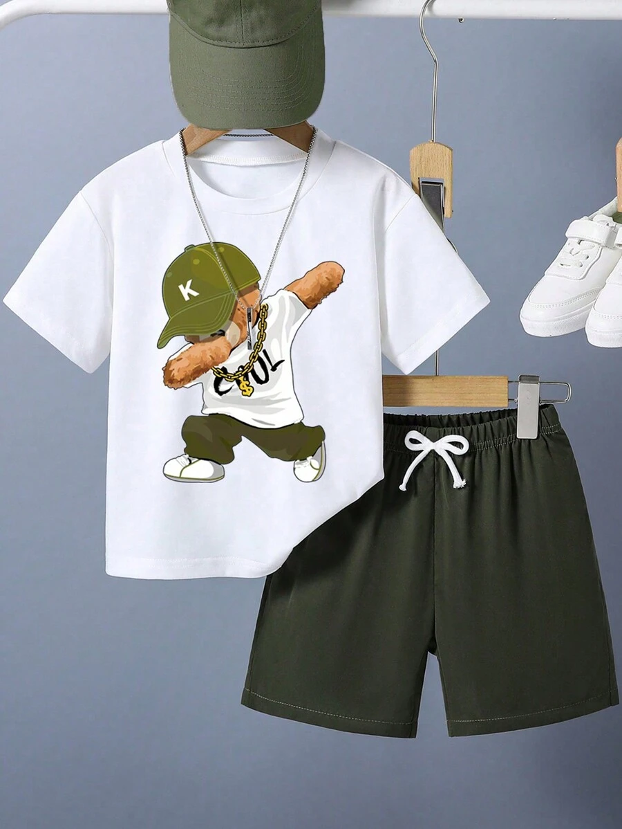 2pcs/Set Tween Boy Cartoon Bear Pattern Print Short Sleeve T-Shirt And Shorts Summer Outfit