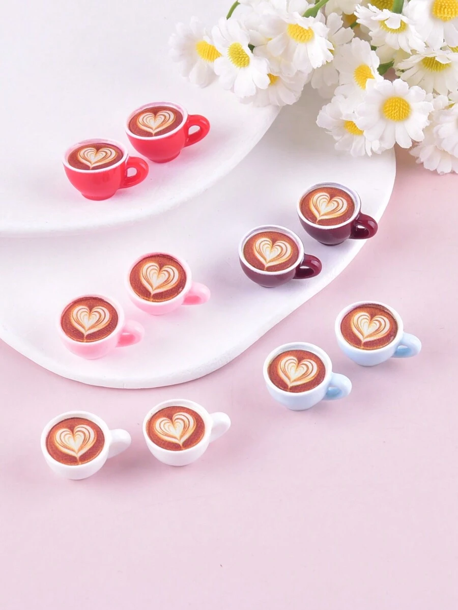 10pcs/Pack Mix Color Heart Coffee Cup Resin Charms Pendant For Women DIY Jewelry Making