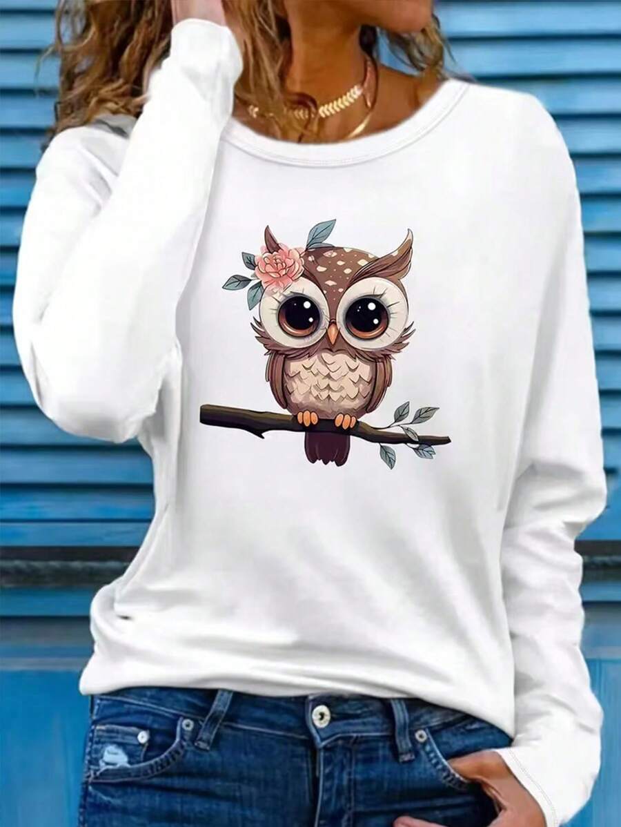 Camiseta blanca casual con estampado de búho, ropa de mujer para otoño/invierno