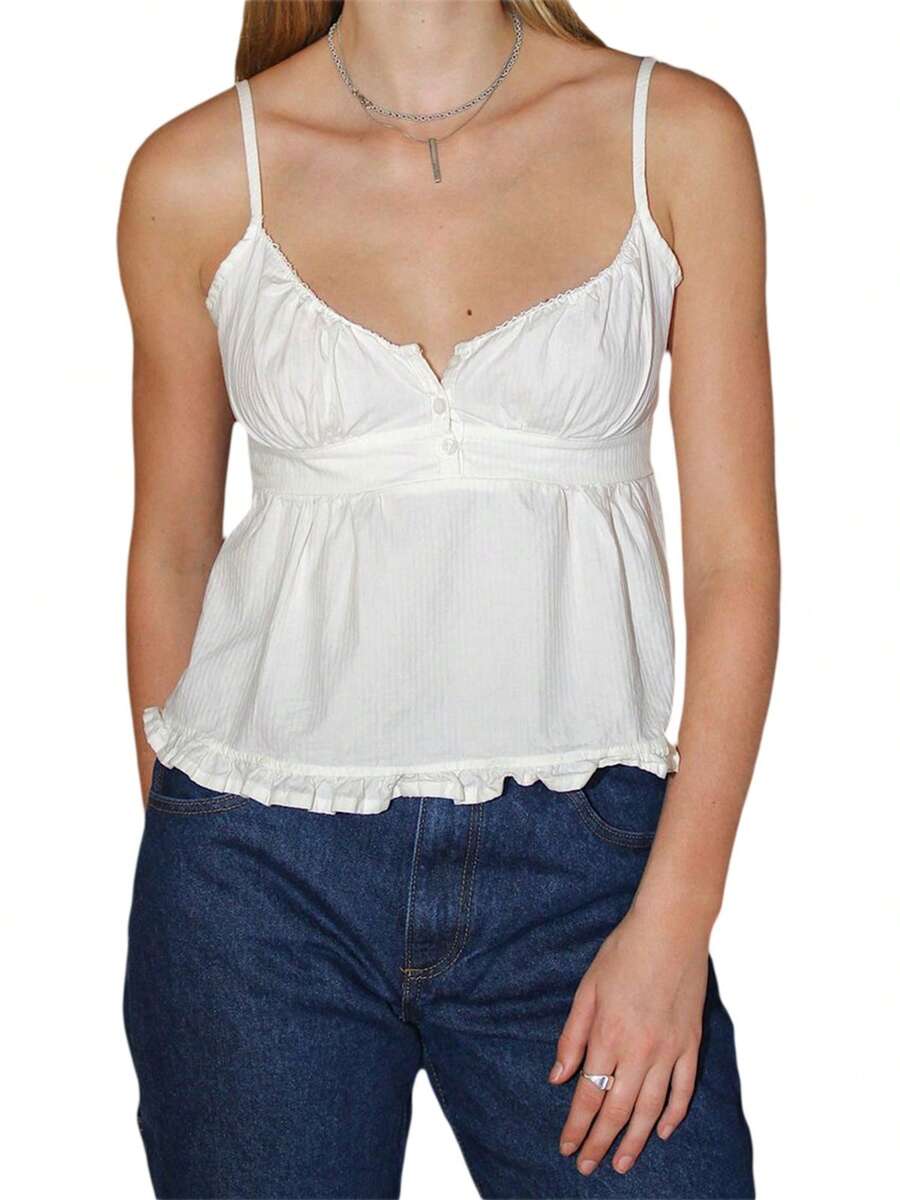 Camiseta de mujer de verano informal con cuello en V profundo, sin mangas, volantes en el bajo y de un solo tirante, en colores lisos o a cuadros