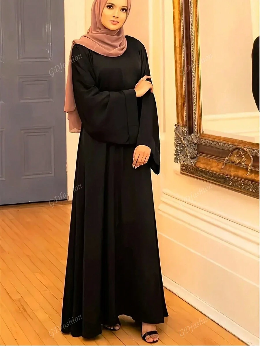Fashiona Women's Plain Round Neck Abaya Loose Long Robe Modest Long Sleeve Dress