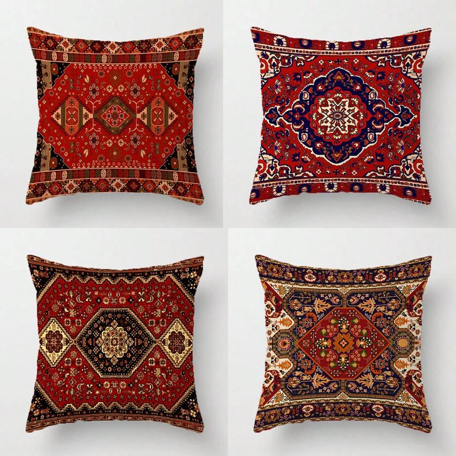 4 Stücke Kissenbezüge mit Stammes-Rot-Schwarz-Blumenmuster wie Teppich, Wurfkissenbezüge im Landhausstil für Sofa und Couch