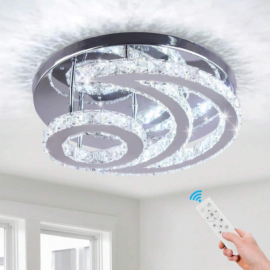 15.7" Crystal Chandelier Modern LED Ceiling Light Moon Shape Crystal Flush Mount Ceiling Lights Fixture For Bedroom Living Room Kitchen Hallway (Coo White/Multicolor/Dimmable)