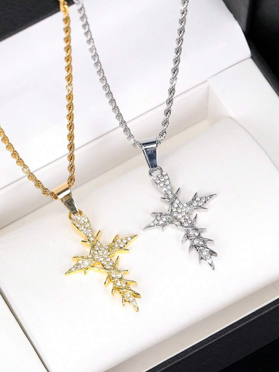 LIGHTSOME 1pc Iced Out Rhinestone Thorn Cross Pendant With Stainless Steel Twist Chain For Men Hip Hop Street Cross Pendant With Rope Chain Jewelry Gift For Couple