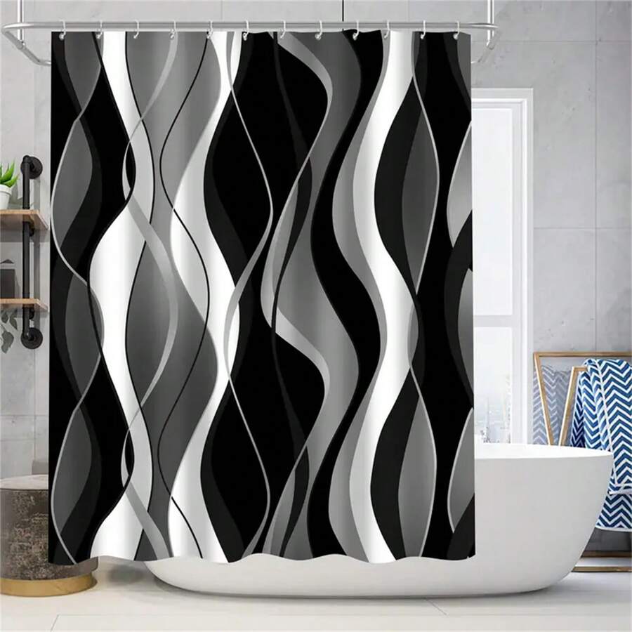 1pc Bathroom Shower Curtain, Geometric Pattern Shower Curtain With Hooks, Bathroom Decor Fall Decor Bathroom Accessories Back To School