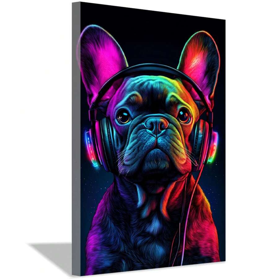 French Bulldog Wall Art Dog Wall Decor Black Poster Canvas Prints Graffiti Bulldog Wear Headphone Paintings For Living Room Bedroom Bathroom Home Office Decor,Framed And Ready To Hang.