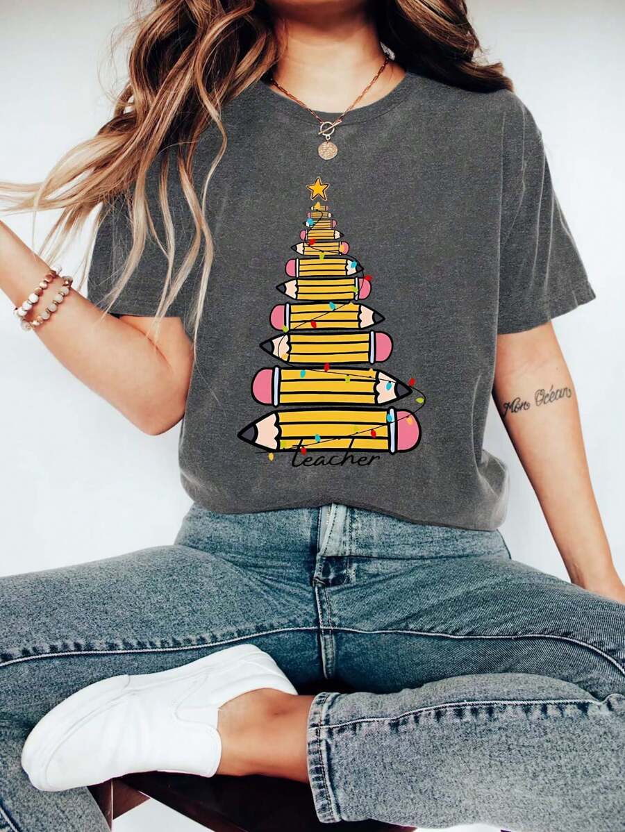 Christmas Pencil Tree Teacher Graphic Print T-Shirt Short Sleeve Round Neck Casual Top Summer Spring Clothing For Women