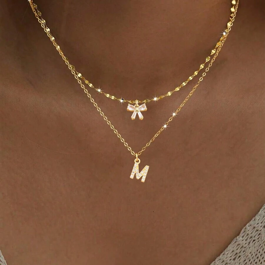 2Pcs/Set Simple Fashion Crystal Bowknot Pave Zirconia Initial Pendant Gold Color Stainless Steel Lip Chain Necklaces For Women Valentines