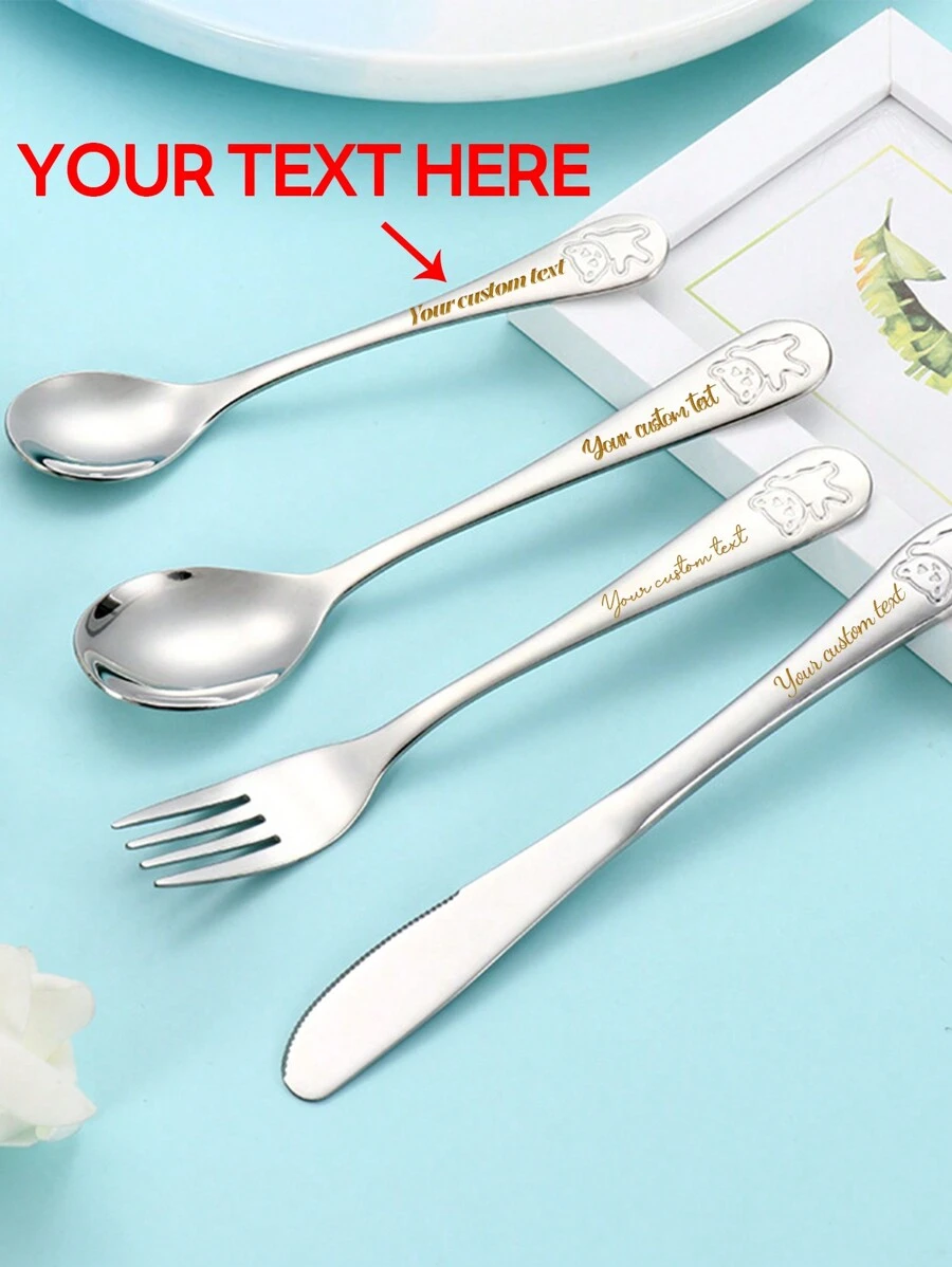 Customization 4pcs Set Personalized Stainless Steel Cutlery , Custom Engraved Name, 4 Pieces Silverware Including Knife, Fork, Dinner Spoon, Teaspoon - Ideal For General Dining & Special Occasions