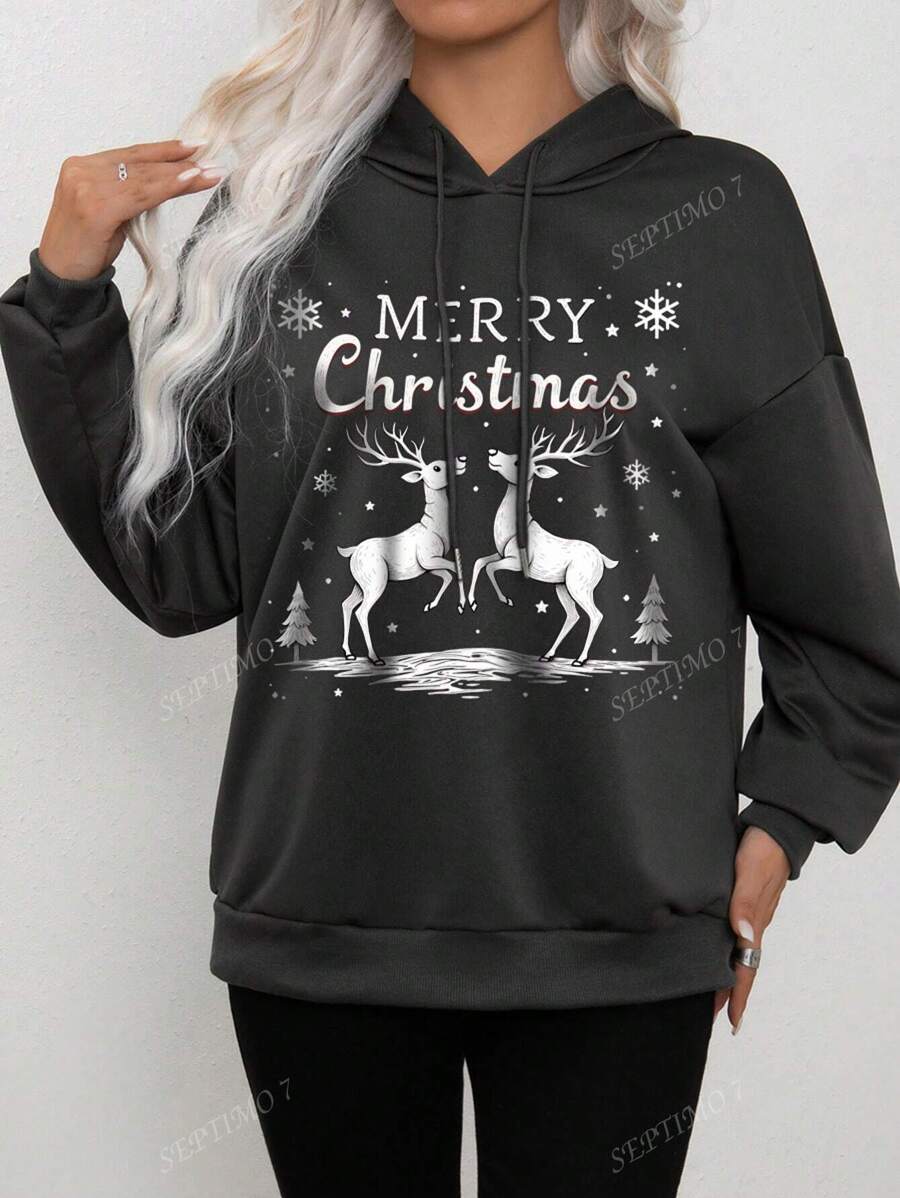 Dessin animé de Noël wapiti lettre anglaise slogan imprimé autocollants sweat-shirt à épaules dénudées pour femme Curve sweat-shirt surdimensionné automne et hiver décontracté polyvalent cordon de serrage à capuche ample style collège de rue femmes automne et hiver nouveau style
