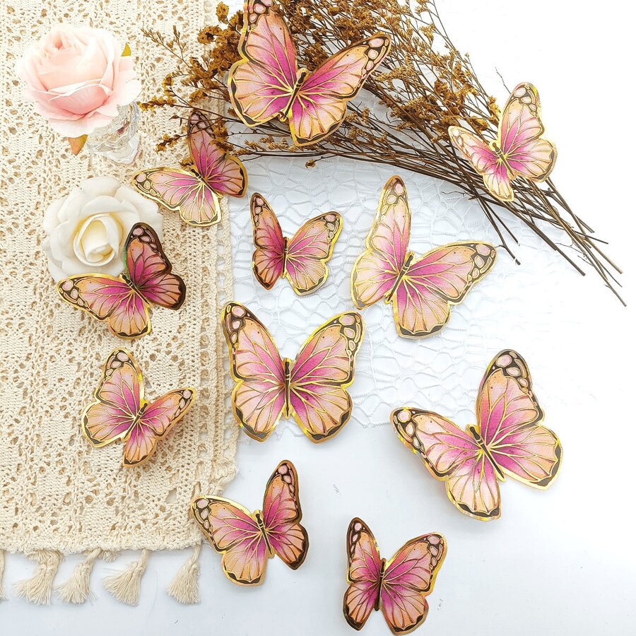 1SET Pink Gold Border 3D Three-Dimensional Flower Butterfly Wall Sticker, Simple Home Decoration Wall Sticker For Living Room And Bedroom Background Room Decor Wall Decor Bathroom Decor Bedroom Decor Room Decoration Stuff Living Room Decor House Decor Home Decor Living Room Wall Paper Stickers Personalised Stickers