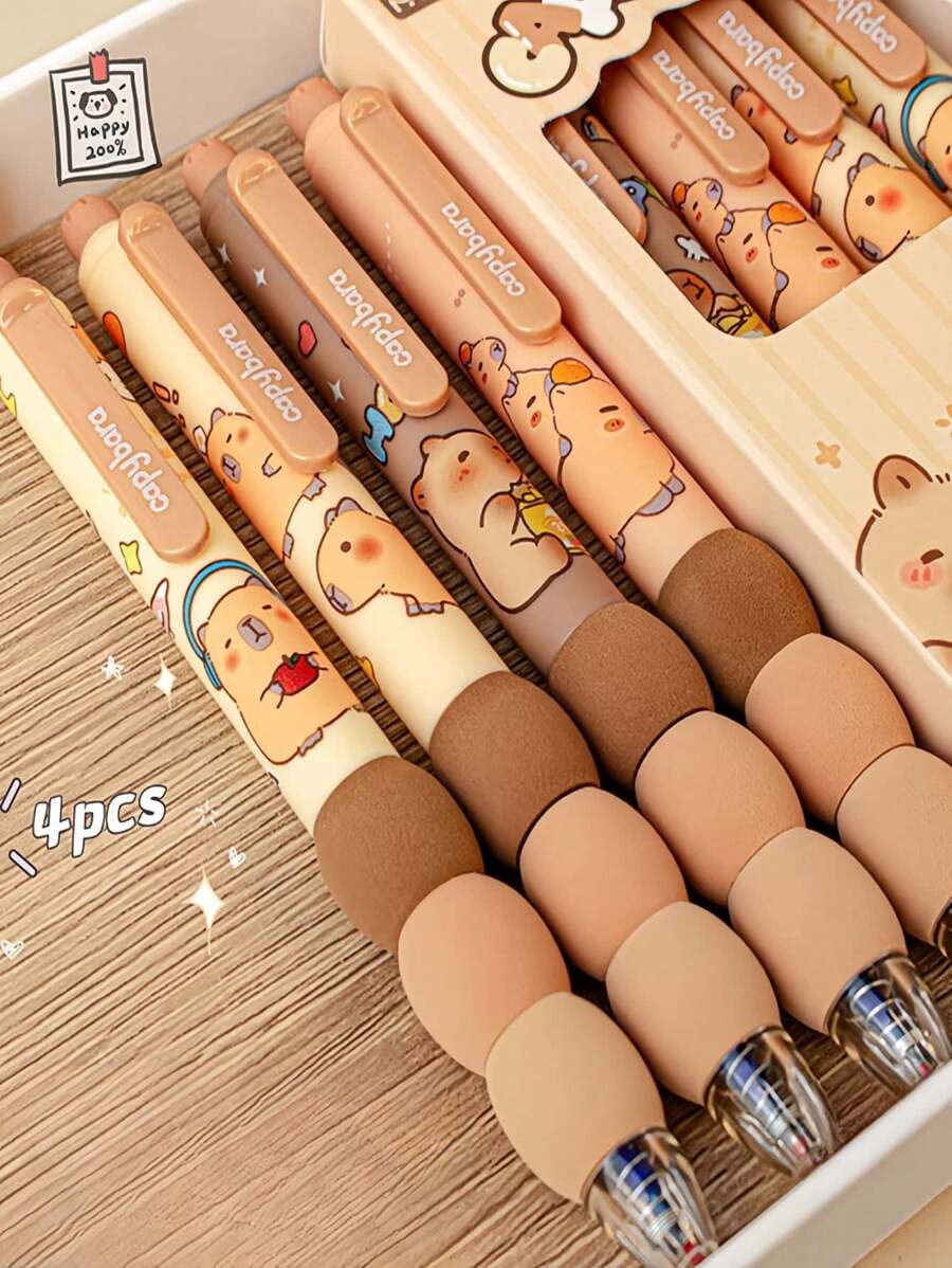 1pc/4pcs Capybara Erasable Push-Button Pen, (4pcs/Box) Random Colors And Styles, High-Quality Creative Student Stationery, Blue Pen Refill, Gradient Splicing Foam Grip Non-Hurt Hand, Built-In Eraser Tip, Exam-Use Pen, Cute Easily Erase Ballpoint Pen