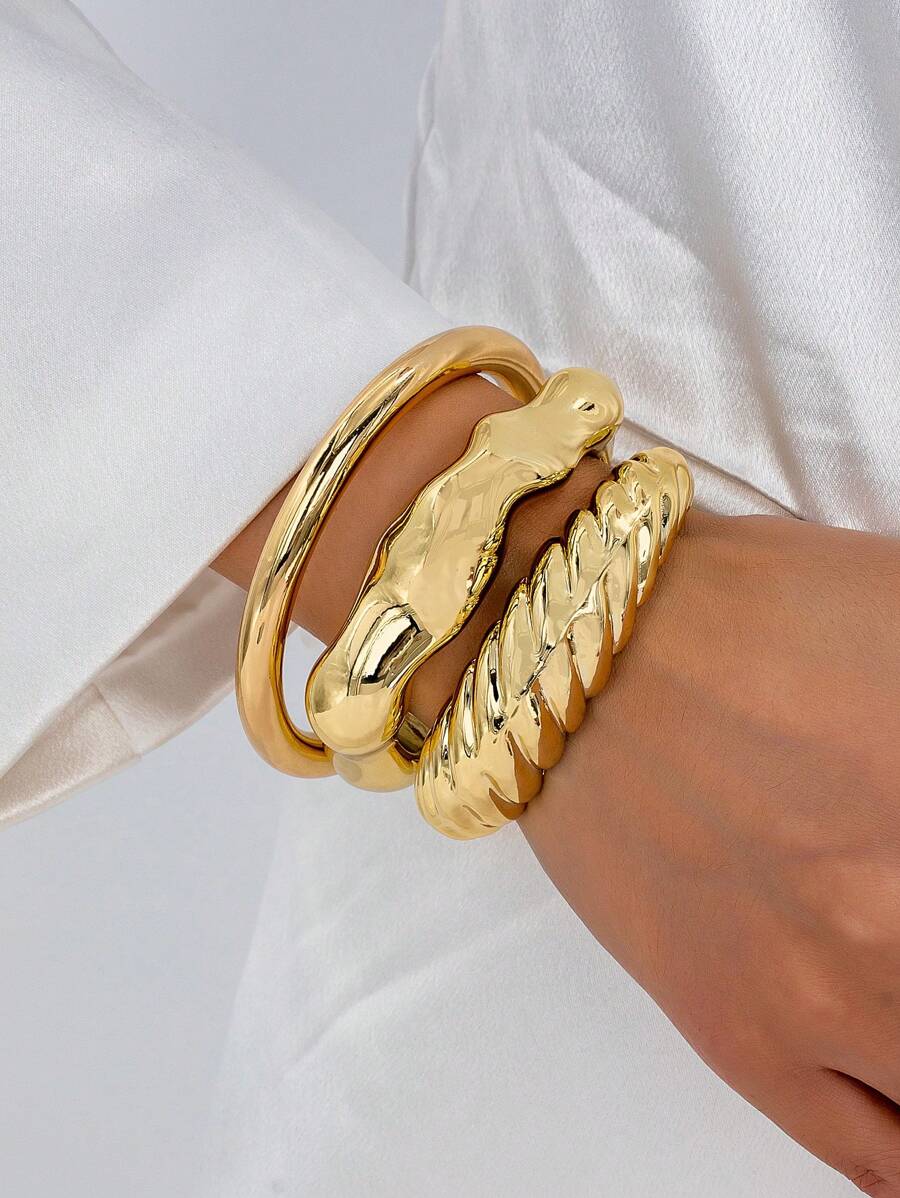 3 Pcs Golden Color Stacked Chunky Cuff Bangles Set For Women, Asymmetric Shape Women Chunky Wrist Cuffs Set, Chunky Statement Bracelets Jewelry, Women Gift Set