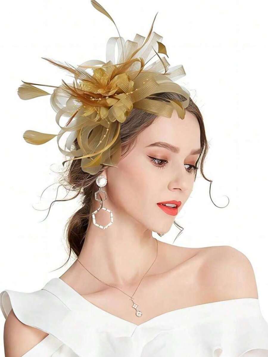 1 Stück beige Damen Mesh Blumen Feder Fascinator Haarband mit Clip für Cocktail-/Teepartys, Kopfschmuck für Frauen, Haraccessoires, Mini-Hüte, Derby-Hüte, Mini-Fascinatoren, Mini-Kappen