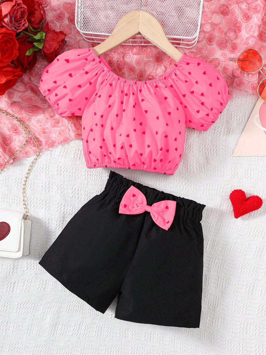 2pcs/Set Young Girl Fashionable Off Shoulder Floral Print Tee And Black Bow Shorts Set, Holiday Outfit