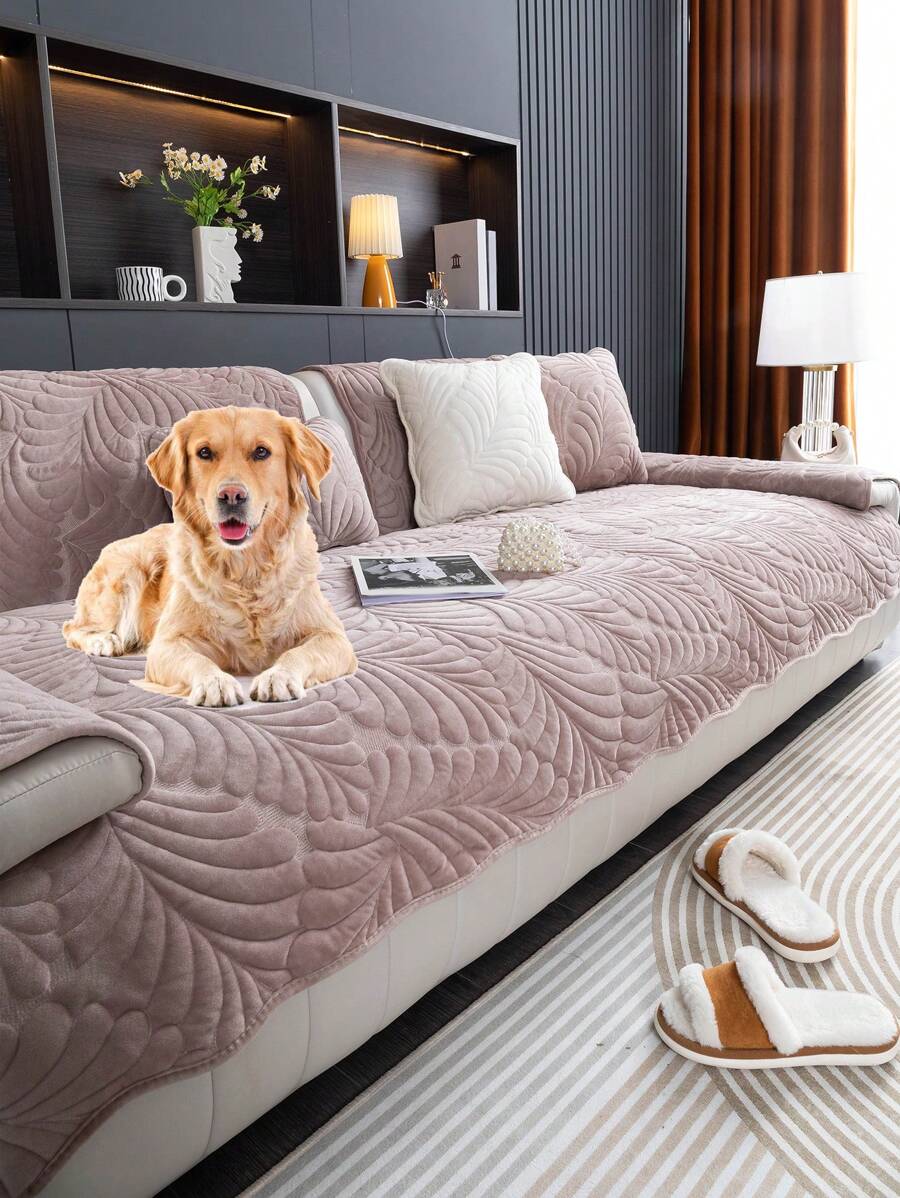 1 pièce Housse de coussin de canapé matelassée en peluche courte, brodée, convenant à toutes les saisons. Style anti-griffures de chat, antidérapante. Protecteur de canapé anti-animaux de compagnie pour canapés en L et 1/2/3/4 places (vendue individuellement)