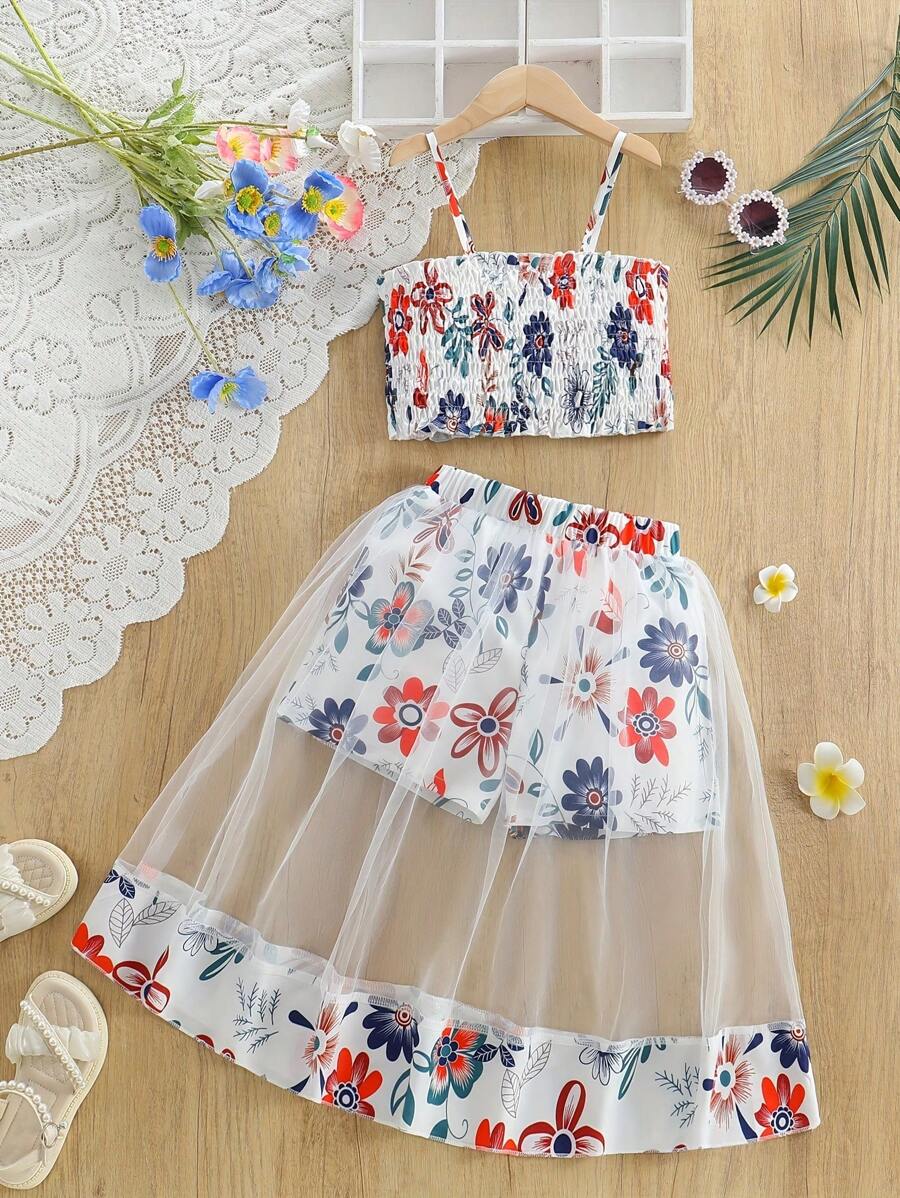 2pcs Girls Summer Elegant Floral Print Tank Top & Mid-Calf Skirt Set