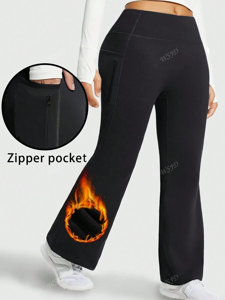 Pantalon de sport avec taille haute élastique et doublure thermique pour femmes grandes tailles. Pantalon de yoga casual sans couture à pattes d'éléphant avec poches zippées, adapté pour l'automne/l'hiver