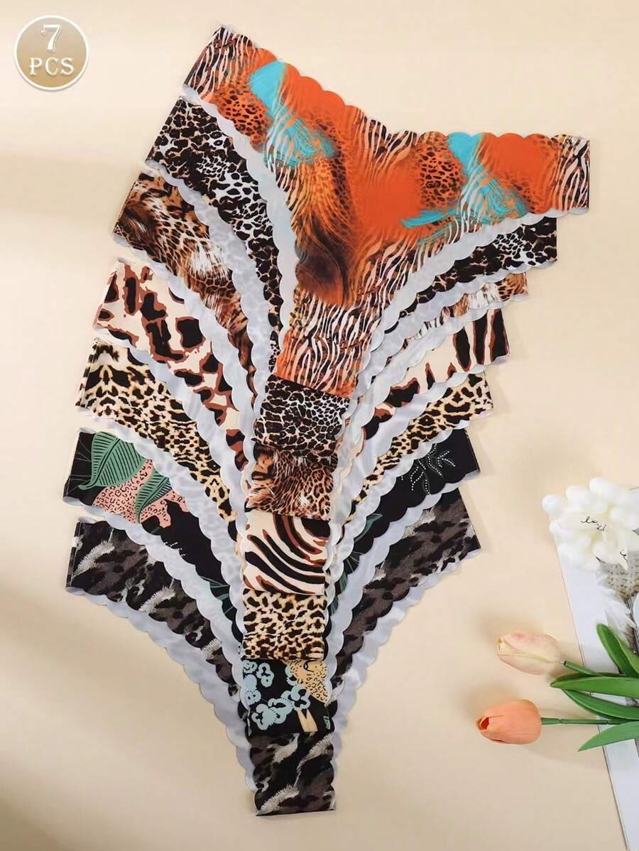 7 piezas Bragas de bikini sin costuras suaves con estampado de leopardo para mujer