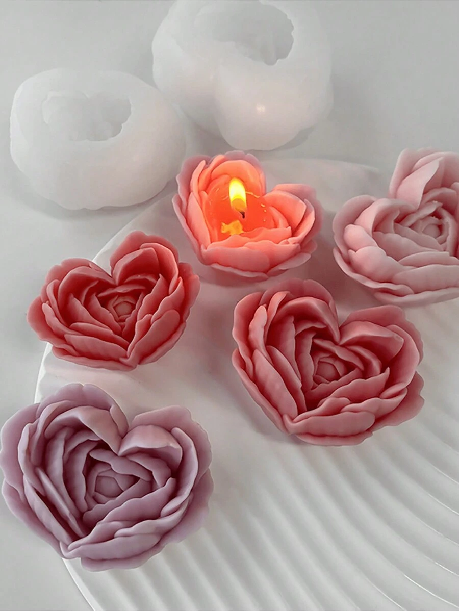 1 pieza Molde en forma de corazón y flor, molde de silicona para hacer jabón perfumado con flor de rosa hecho a mano, resina, yeso o vela
