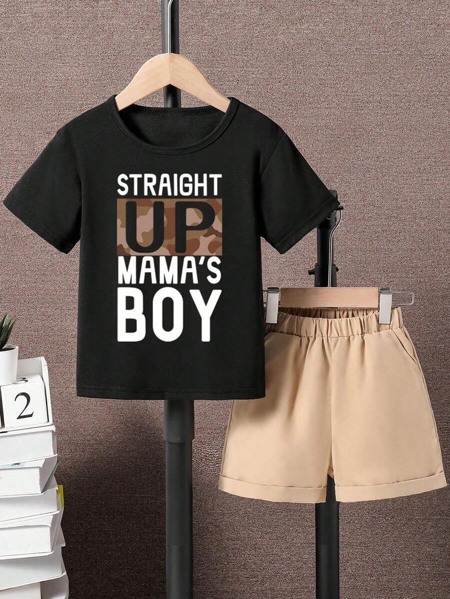 Conjunto de top de manga corta con estampado gráfico de paisaje y shorts tejidos para niño preadolescente