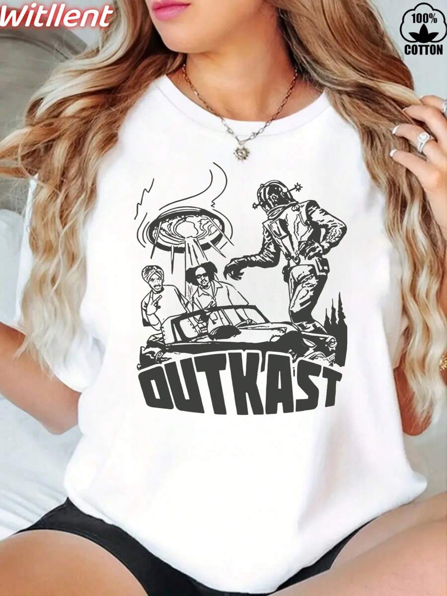Witllent Women's 100% Cotton Outkast Black White Toddler T-Shirt, Women's Christmas 220g Heavy Cotton T-Shirt (1 PC)