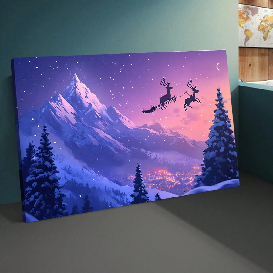 1PC Wooden Framed Canvas Painting Art Poster Reindeer In The Snow Art Wall Painting Reindeer Galloping Running In Heavy Snowy Night Canvas Wall Art Suitable For Office Corridor Home Living Room Decoration