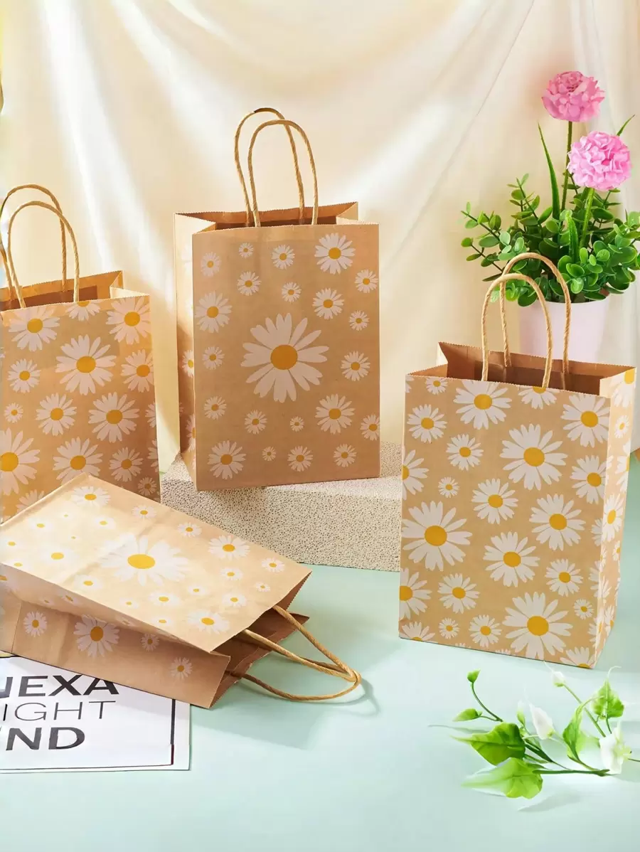 10pcs-Daisy Flower Print Gift Bags Kraft Paper Carrier Bags, Small Daisy Paper Gift Bags Made Of Kraft Paper, Holiday And Party-Themed Gift Bags, Festival Packaging For Party Favor Packaging