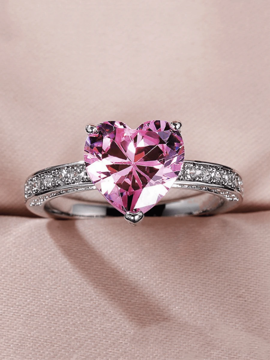 1pc Fashionable Luxury Ring With Heart-Shaped Pink Diamond Zirconium Stone, Engagement Jewelry For Women