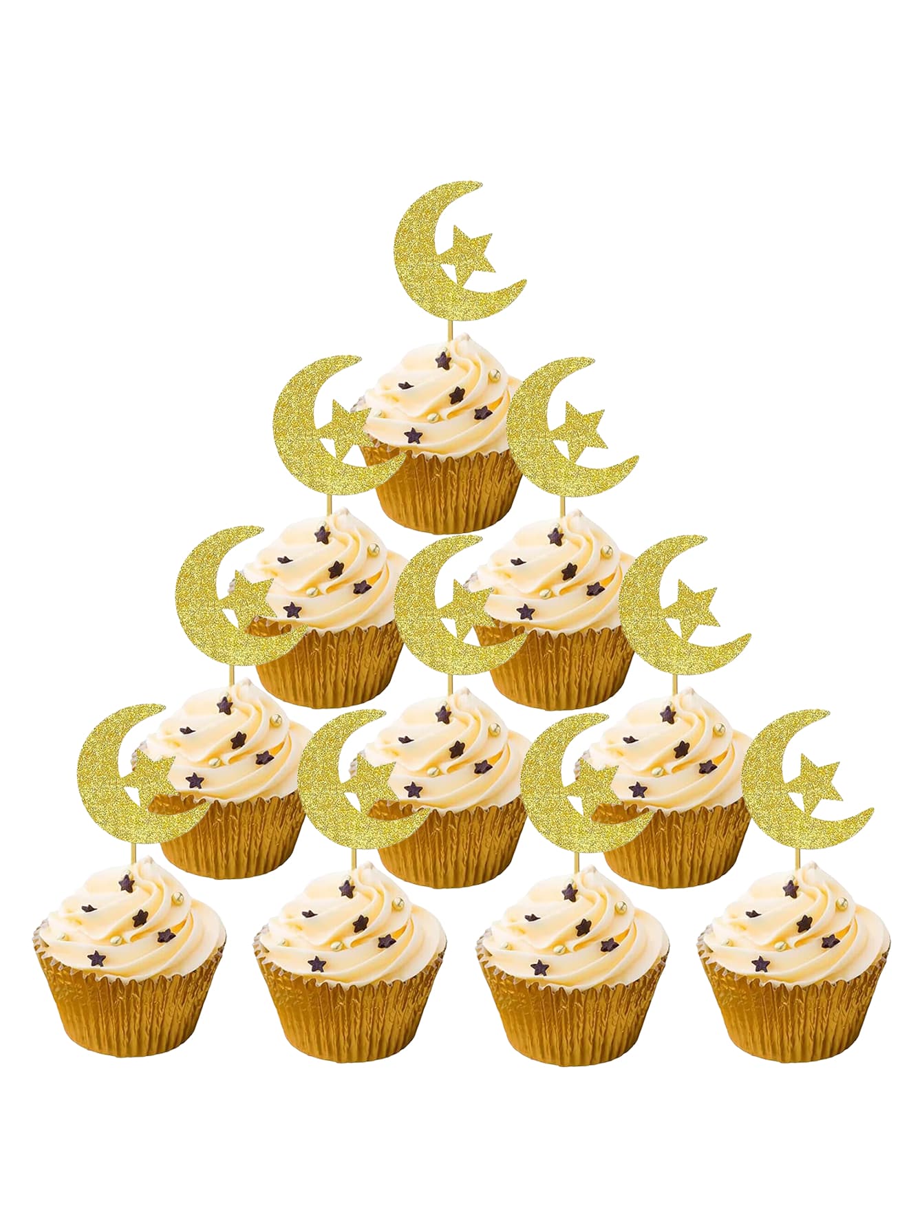 30 de bucăți Eid Al-Adha și Eid Al-Fitr Moon And Star Cake Toppers, Decoratiuni pentru cupcakes din hârtie, fără electricitate, fără pene, pentru Ramadan, Muharram și deserturi de sărbătoare