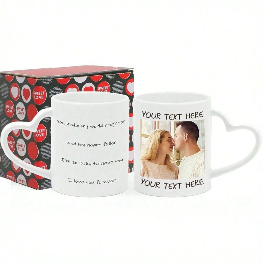 Personalized Picture Coffee Mug, Custom Photo Name Text Gifts For Men Women, Customized Ceramic Heart-Shaped Cup For Birthday Christmas Mother's Day Father's Day