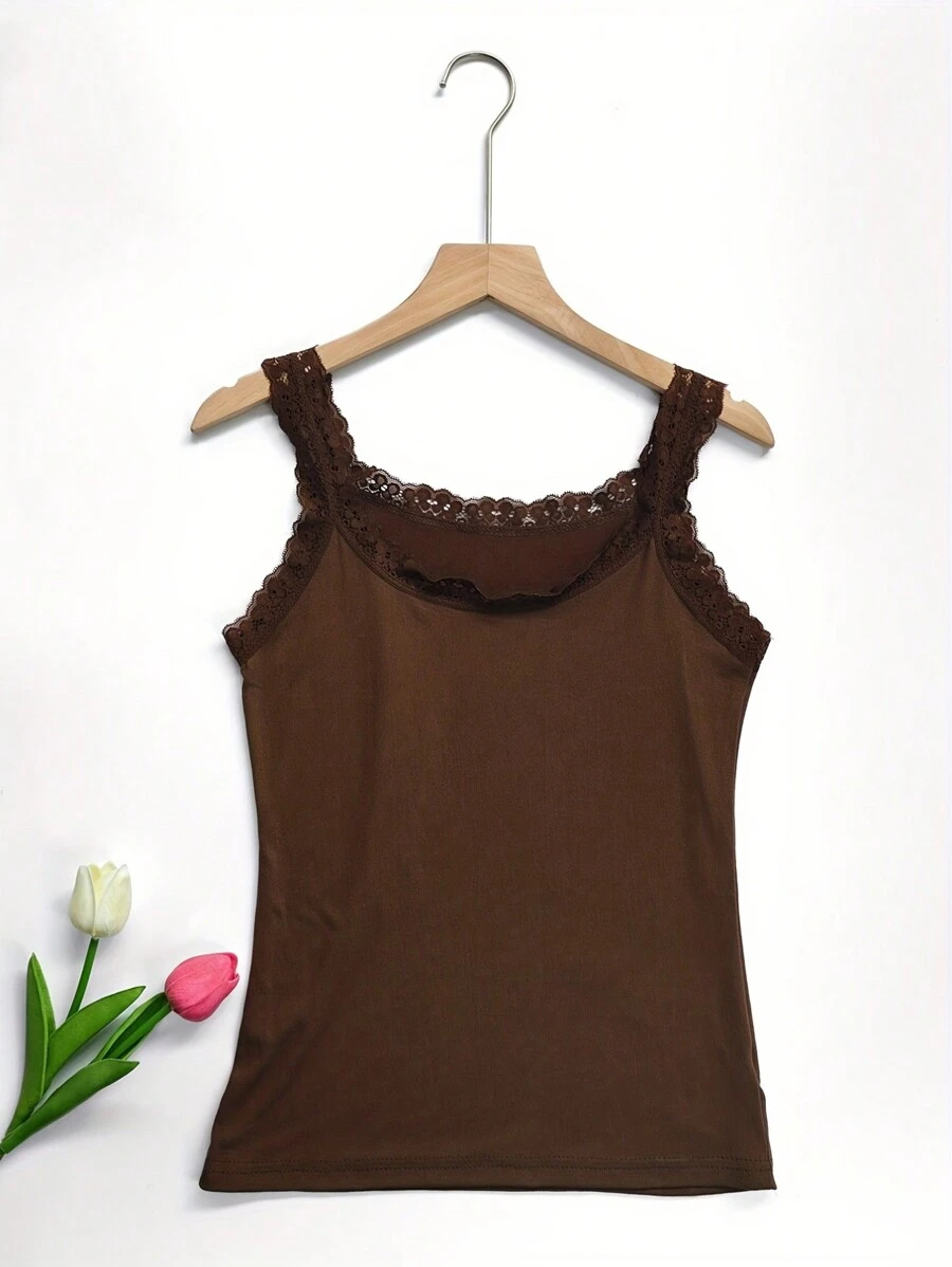 1pc Women Solid Color Lace Trim Decor Round Neck Camisole Tank Top Vest With Contrast Neckline, Sleeveless, Lightweight