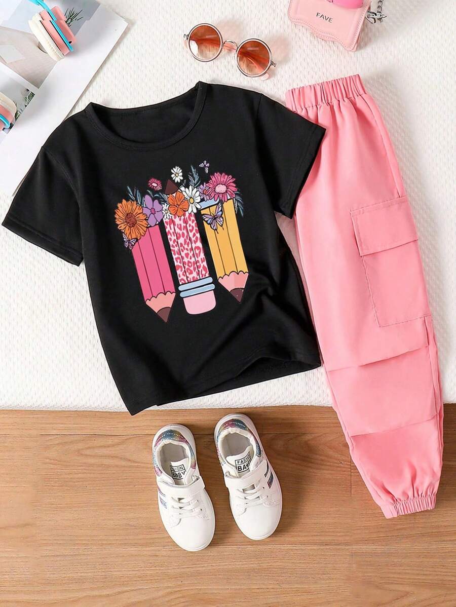 Conjunto de top de manga corta y pantalones cargo con estampado de dibujos animados para niñas preadolescentes