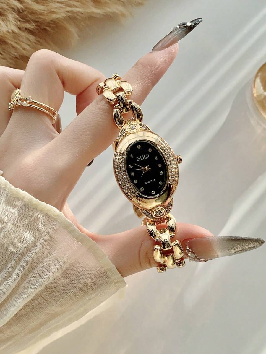 1pc Women's Vintage Oval Gold Tone Rhinestone & Zirconia Decorated Fashion Watch, Suitable For Daily Wear, Parties, Gatherings And Events
