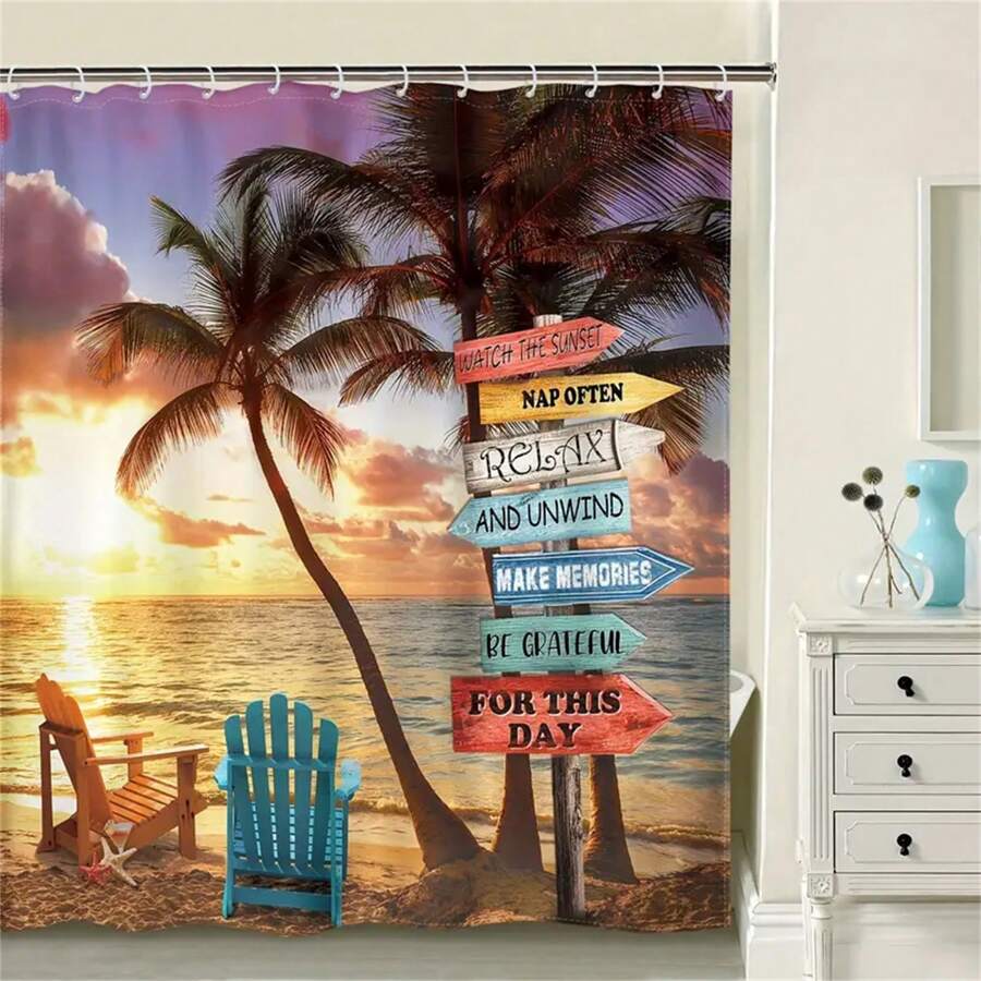 1 pieza - Cortina de ducha de poliéster con diseño de oceánica, palmeras tropicales, puesta de sol hawaiana, paisaje de verano e inspirador texto, decoración de baño impermeable con 12 ganchos de plástico