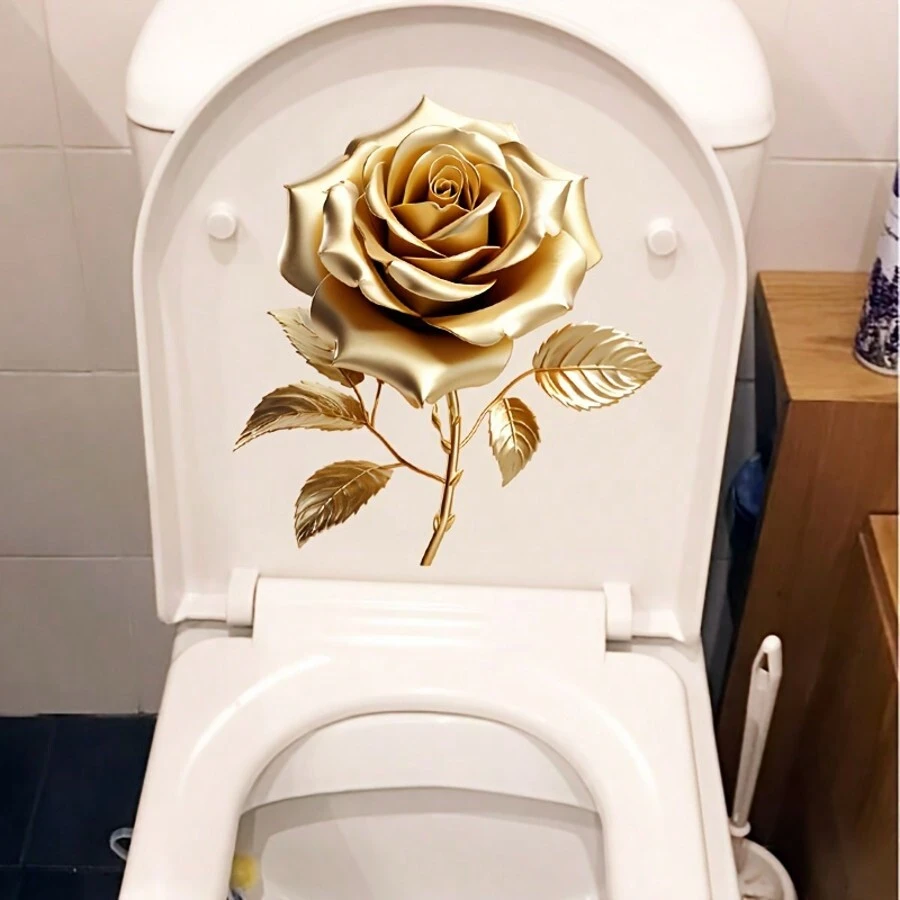 1pc Golden Rose Creative Toilet Sticker, Self-Adhesive Bathroom Home Decor Wall Sticker, Door Sticker, Refrigerator Sticker, Window Sticker, Toilet Sticker, Beautiful Home Decor, Room Decor, Beautify Your Home Bathroom Decor Summer