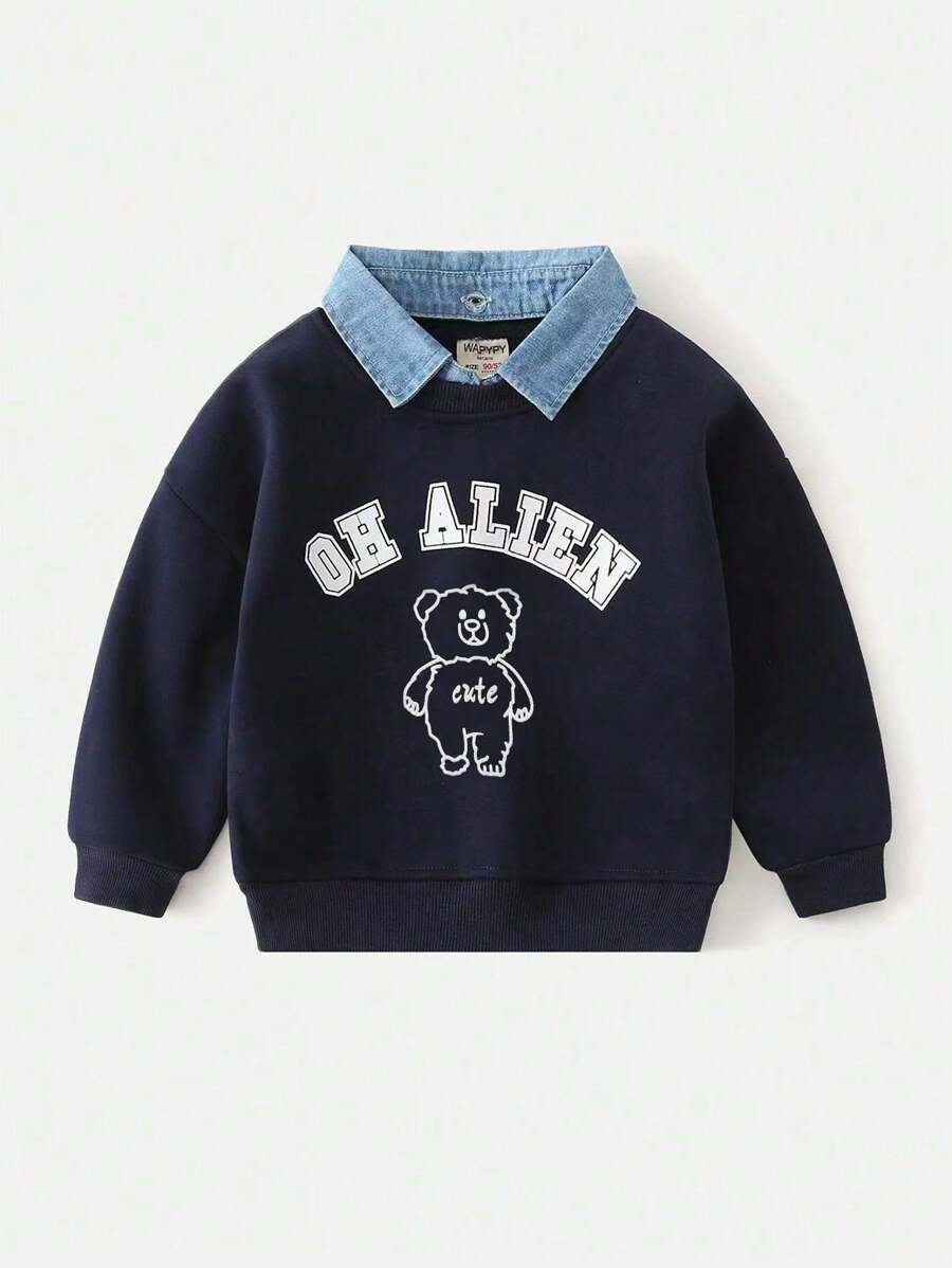 Young Boy Mock 2 Pieces Collar Splicing Sweatshirt, New Fall/Winter Young Boy Thicken Long Sleeve Hoodie