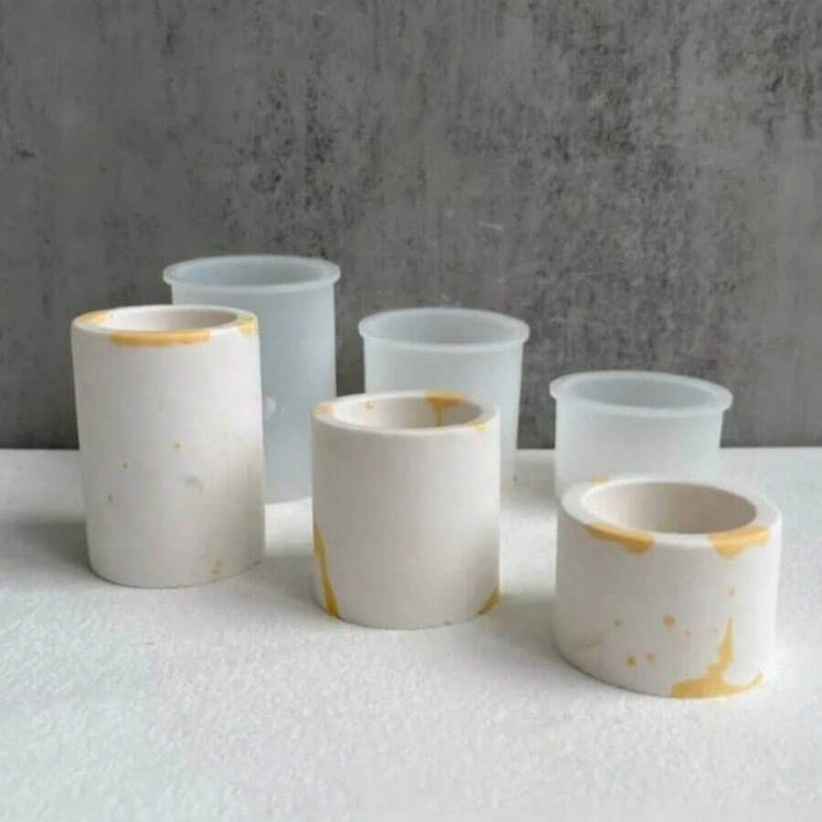 3pcs Silicone Mold Set: Cylinder Aesthetic Candle Making Stands, Vase, Planter, Candle Container, Potted Plant, Mug, Jasmine Stone Cup, Concrete With Lid