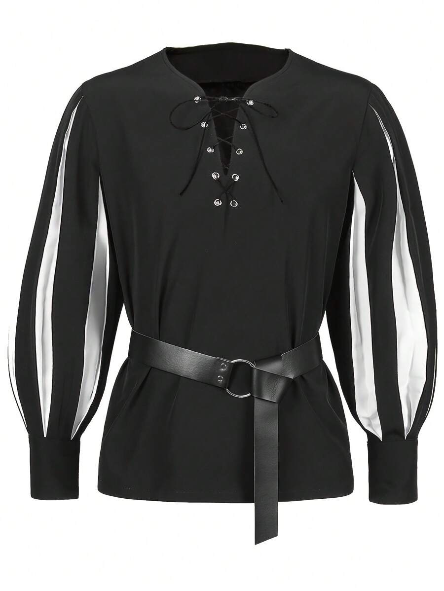 (avec ceinture) Chemise blouse de style vintage médiéval à lacets et blocs de couleurs pour représentation sur scène