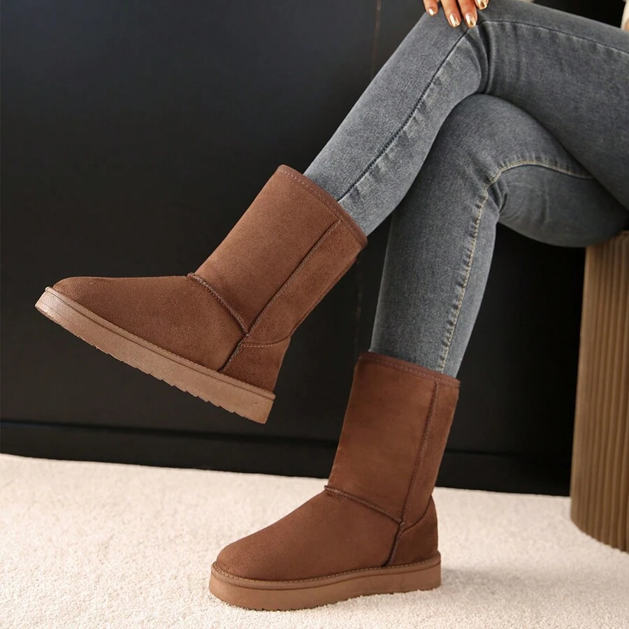 Neue Mode Frauen Schneestiefel mit rundem Zehenbereich, Veloursleder, Flauschig, leichte rutschfeste Schneestiefel bis zur Mitte des Schienbeins
