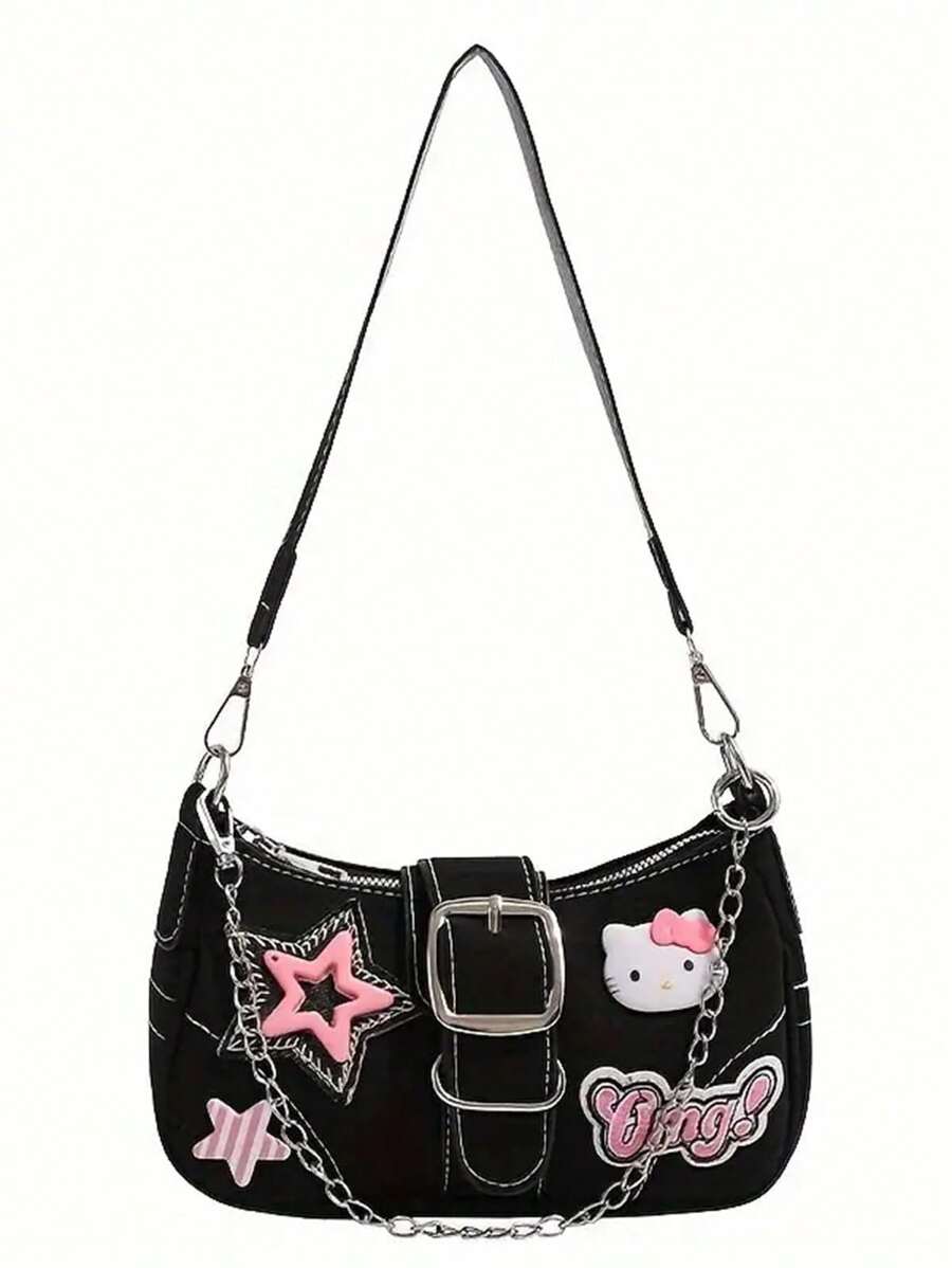 Sanrio Bolso de hombro de mujer de piel sintética con patrón de estrella elegante de Hello Kitty de Sanrio, adecuado para viajes, compras y picnics