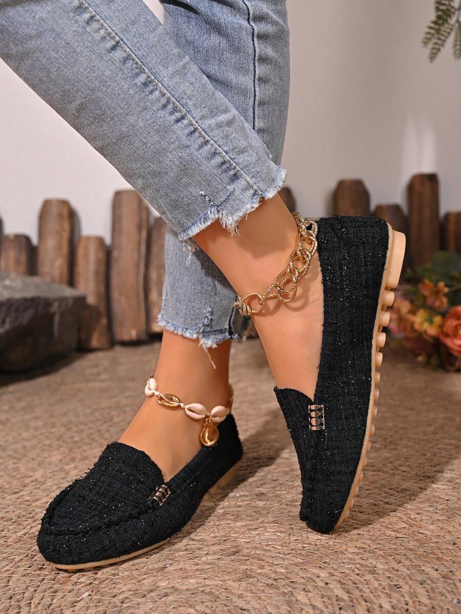 Women's Classic Black Slip-On Loafers, Fashion Versatile Flat Shoes, Spring/Autumn