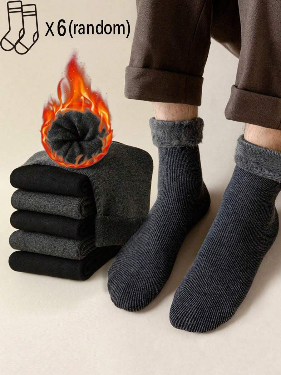 6 Pairs Men's Solid Color Thickened Thermal Mid-Calf Socks, Simple & Versatile