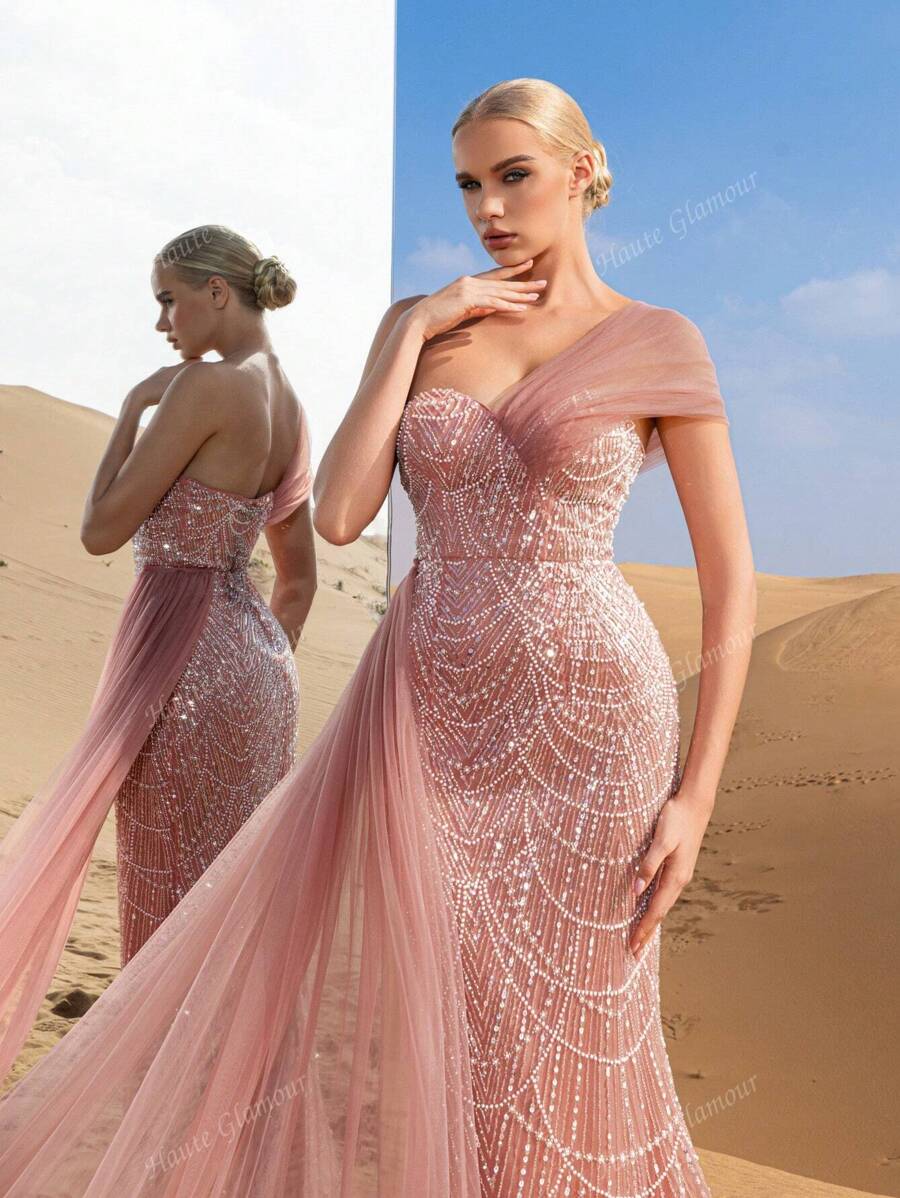 Asymmetrical Neck Mesh Panel Sequin Formal Dress, Party Dress, Wedding Guest Dress, Evening Dress,Gown