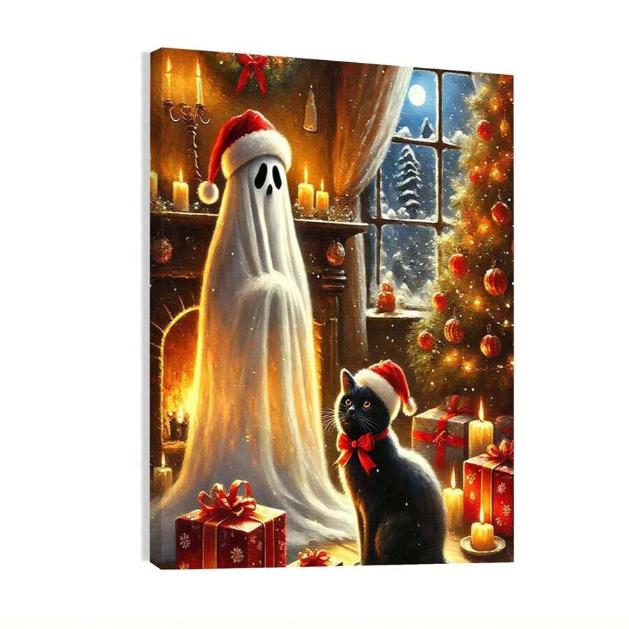 Ghost And Black Cat Wall Art Print, Spooky Xmas Cute Ghost Art, Black Cat Canvas, Canvas Decor Print, Whimsigoth Decor (Framed)