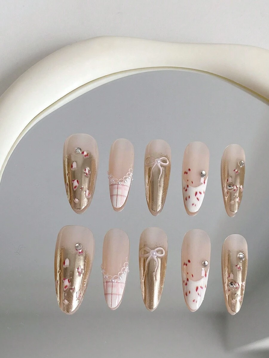 10 pièces/Set Ongles de la Saint-Valentin Manucure longue en forme d'amande faite main avec nœud à carreaux français, léopard, aurore, décoration de strass et de perle. Léger et luxueux. Convient pour les fêtes, les mariages et l'usage quotidien. Livré avec 1 flacon de gel gelée et 1 tampon à ongles